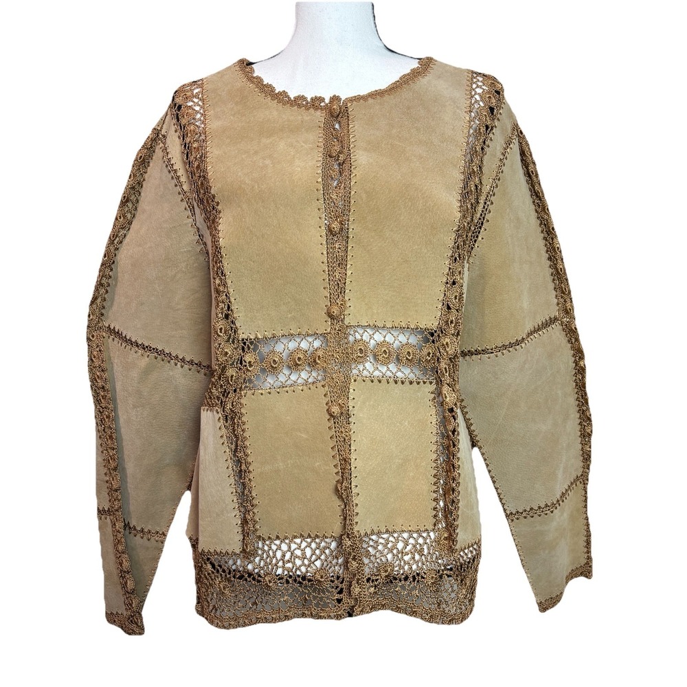 Selene Sport XL Tan Nubuck Leather Jacket Crochet Lace‎ Patches Boho Festival